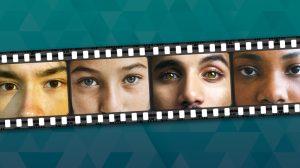 A film strip displays close-ups of four diverse faces over a teal geometric background.