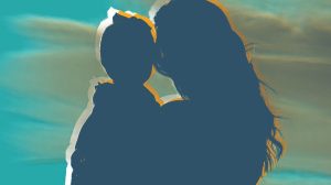 Silhouette of a woman holding a child against a soft, multi-coloured sky in hues of teal and orange.