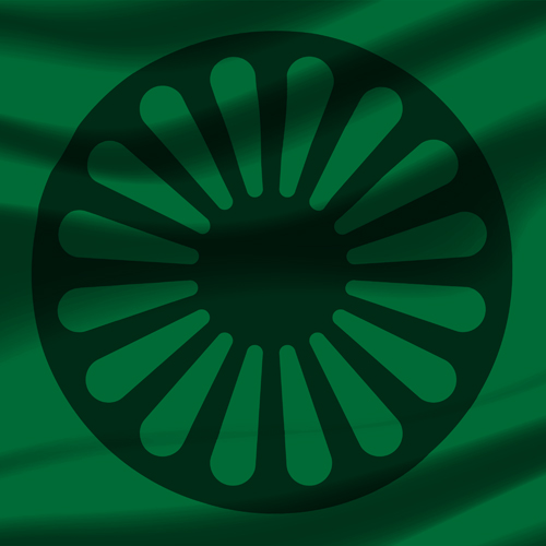 Green flag featuring the Gypsy, Roma & Traveller emblem.